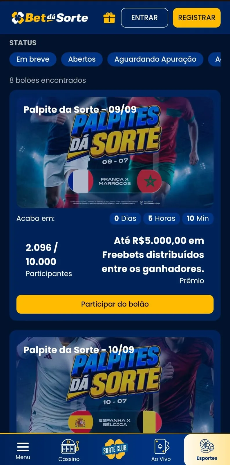 Tela mobile dos bolões Palpite dá Sorte para a Copa do Mundo 2026 na Bet dá Sorte
Data: 09/07/2026