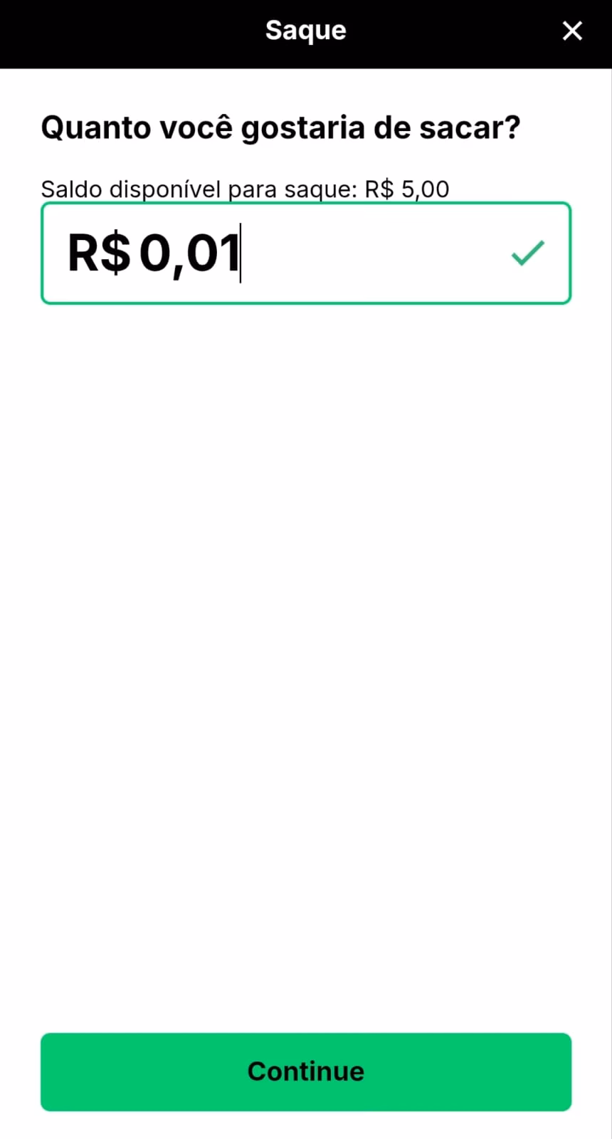 Painel de saque da KTO, com destaque para o valor mínimo a partir de R$ 0,01.