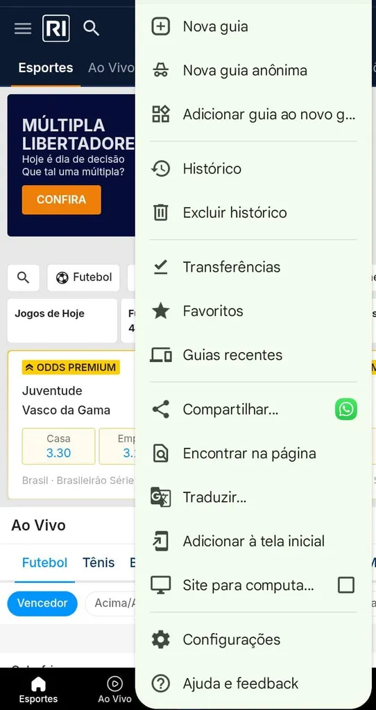 Site da Rivalo aberto no Google Chrome e menu com opção de adicionar a tela inicial.