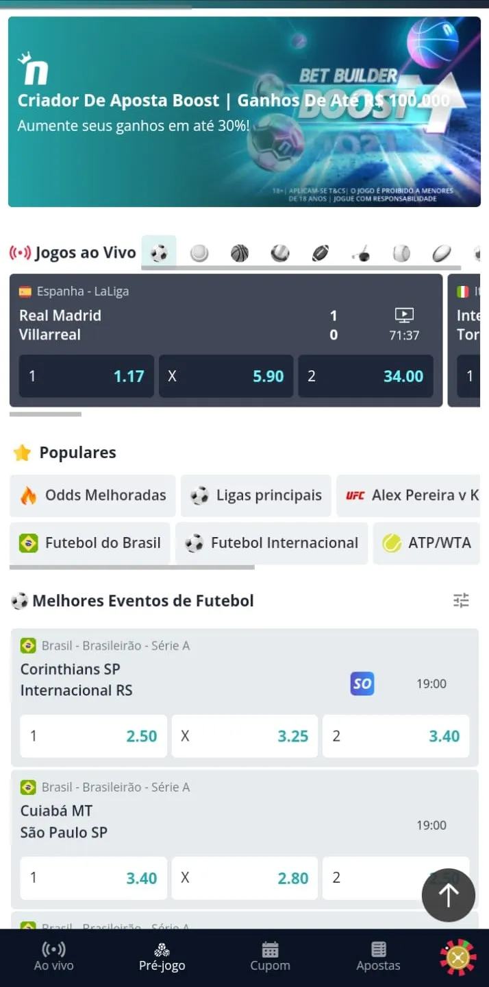 Site Novibet mostrando os melhores eventos de Futebol com jogos do Brasileirão, além de jogo ao vivo de La Liga.
