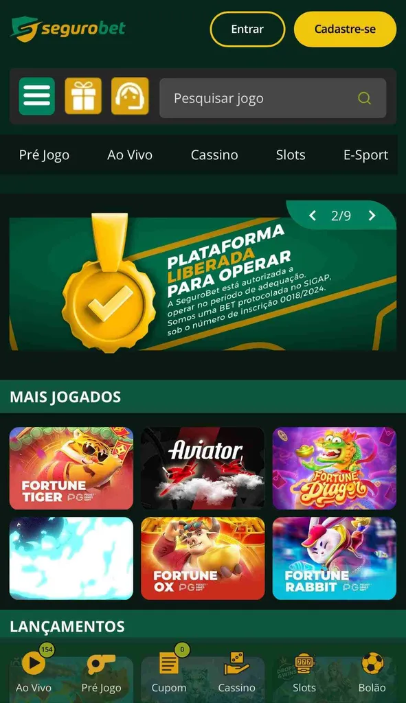 Site da Segurobet com opções de seções para apostas pré-jogo, ao vivo, cassino e mais.
