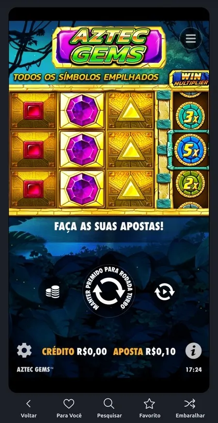 Aztec Gems slot com aposta mínima de 10 centavos definida para o próximo giro.