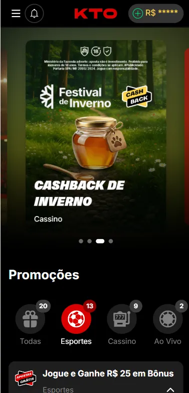 Banner destacando o Cashback de Inverno na KTO com promoção de apostas grátis abaixo dele