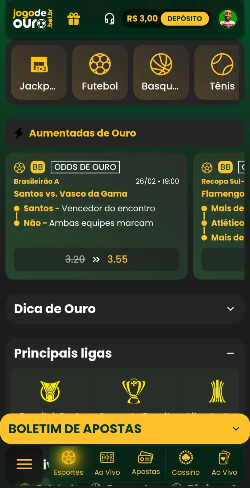Área de esportes da Jogo de Ouro com odds de ouro em jogo do Brasileirão.