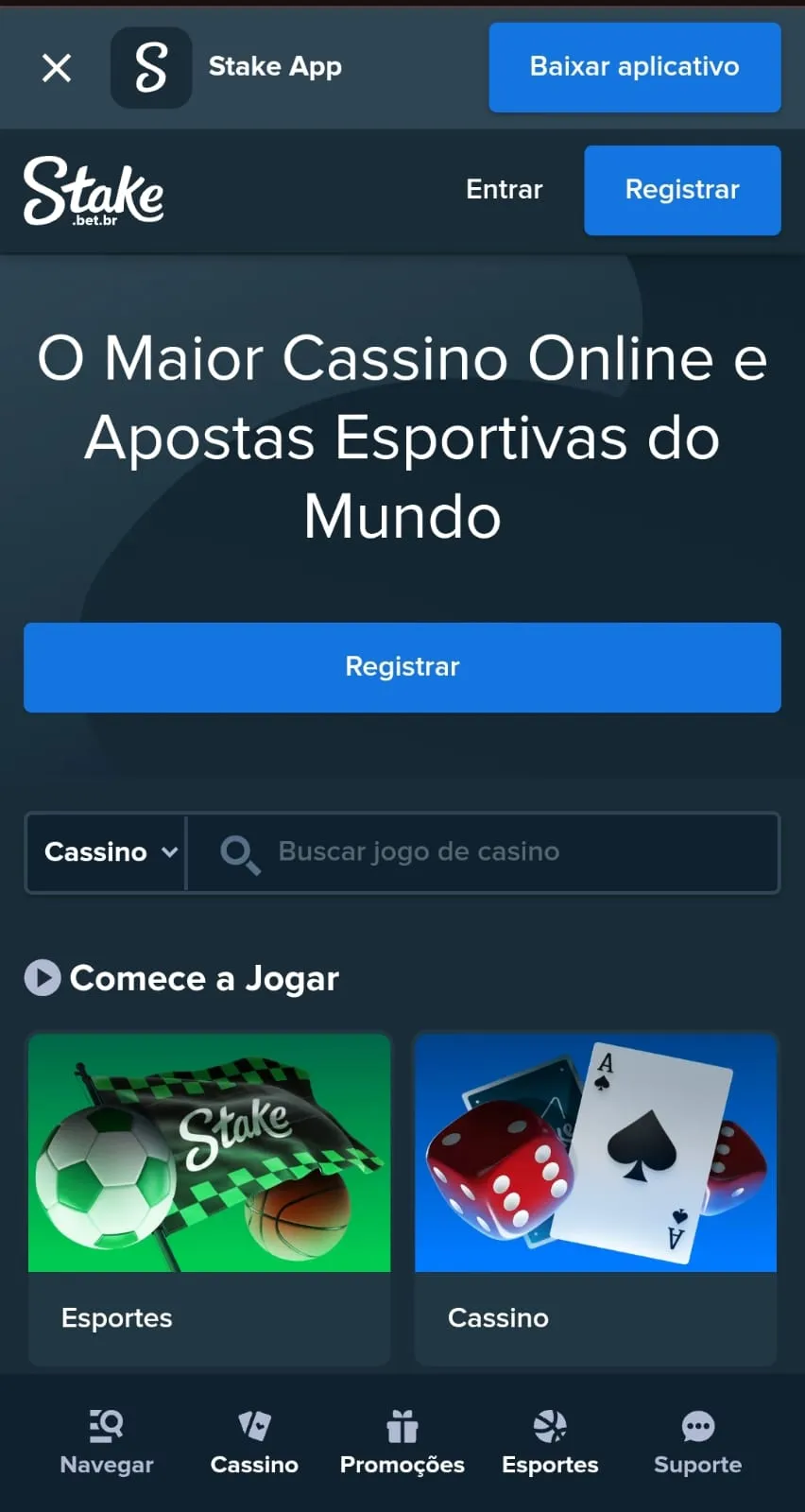 Site mobile da Stake, com banner de divulgação do aplicativo oficial e botão de acesso rápido à página de download na Play Store.
