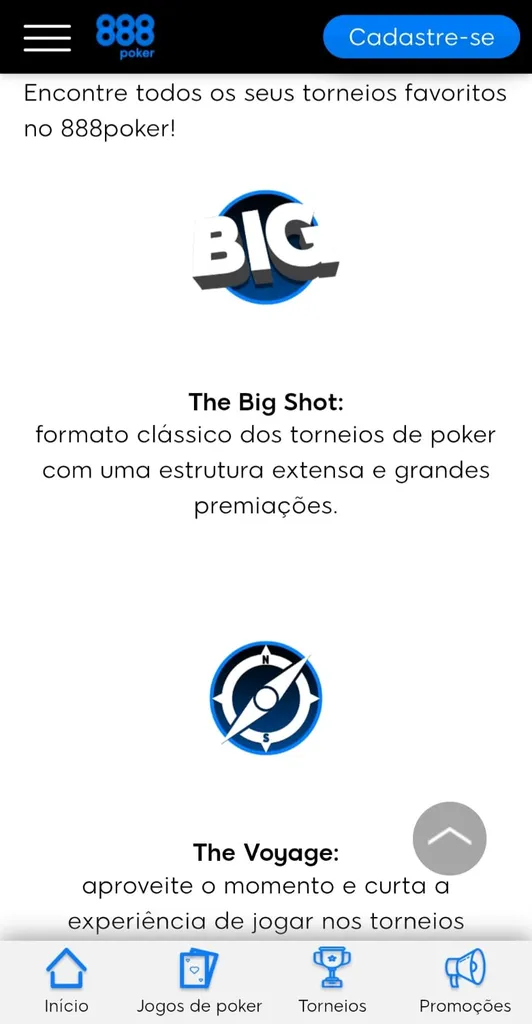 Seção de torneios da plataforma de poker online 888poker