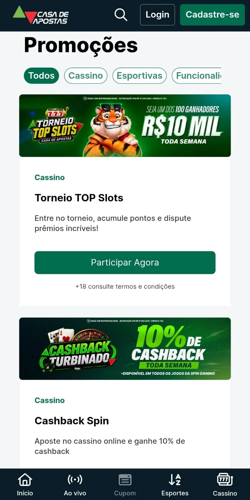 Promoções de Cashback e Torneio de Cassino na CasadeAposta