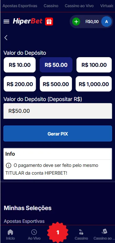 Tela de depósito da Hiperbet com valores pré-definidos e opção de pagamento via Pix