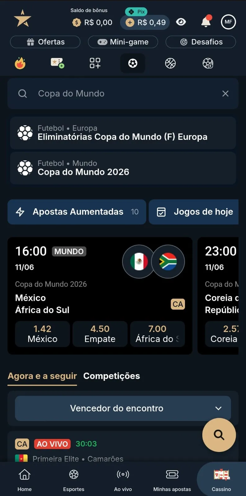 Página de futebol na seção de esportes da Estrelabet, com a ferramenta de busca indicando a Copa do Mundo.