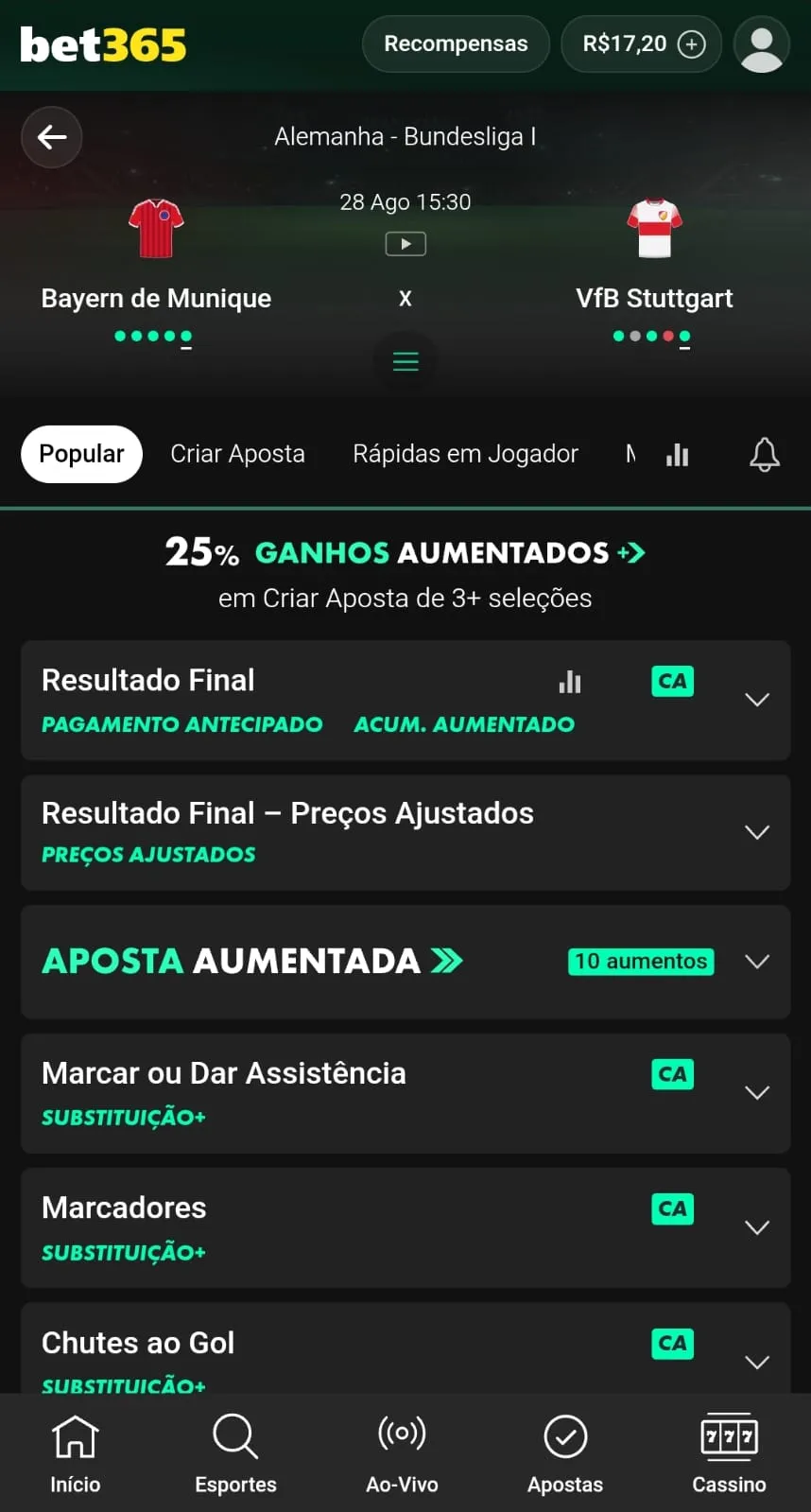 Print da página de mercados de uma partida de futebol com a oferta de Aposta Aumentada indicada.