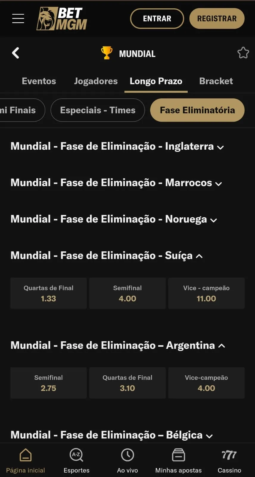 Mercado de Eliminação da Argentina com odds de 4.00 para ela ser vice-campeã.