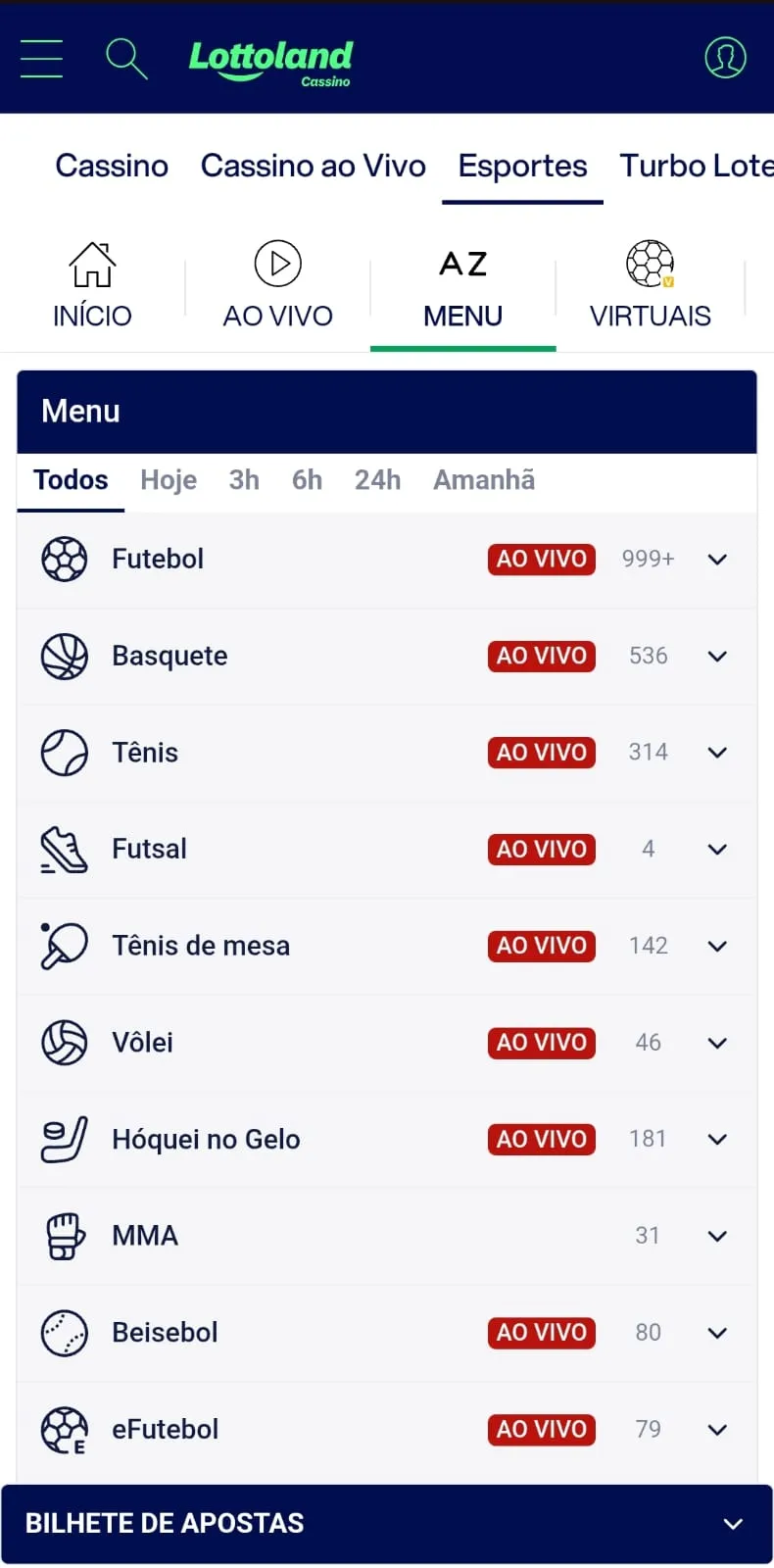 Menu de apostas esportivas da Lottoland com atalhos para competições de futebol, basquete, tênis e outras modalidades.