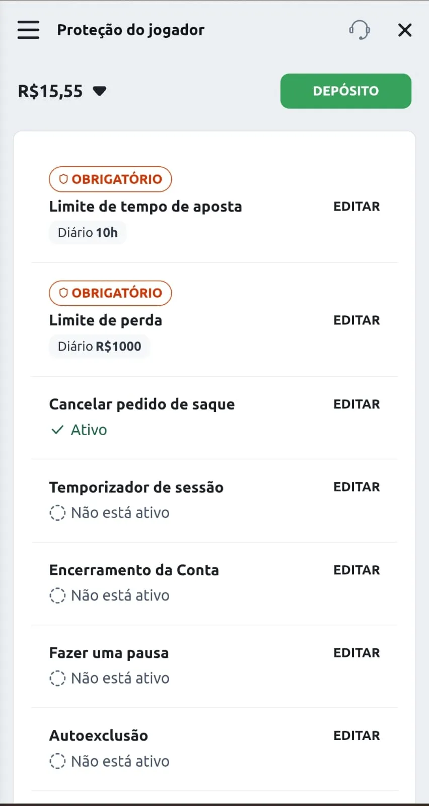 Página de proteção do jogador da Betano com diferentes opções de jogo responsável, incluindo limite de depósito.
