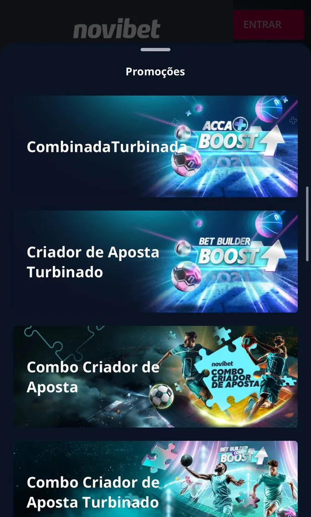 Promoções da Novibet como combinadas turbinadas, criador de aposta turbinado, combo criador de apostas e mais.