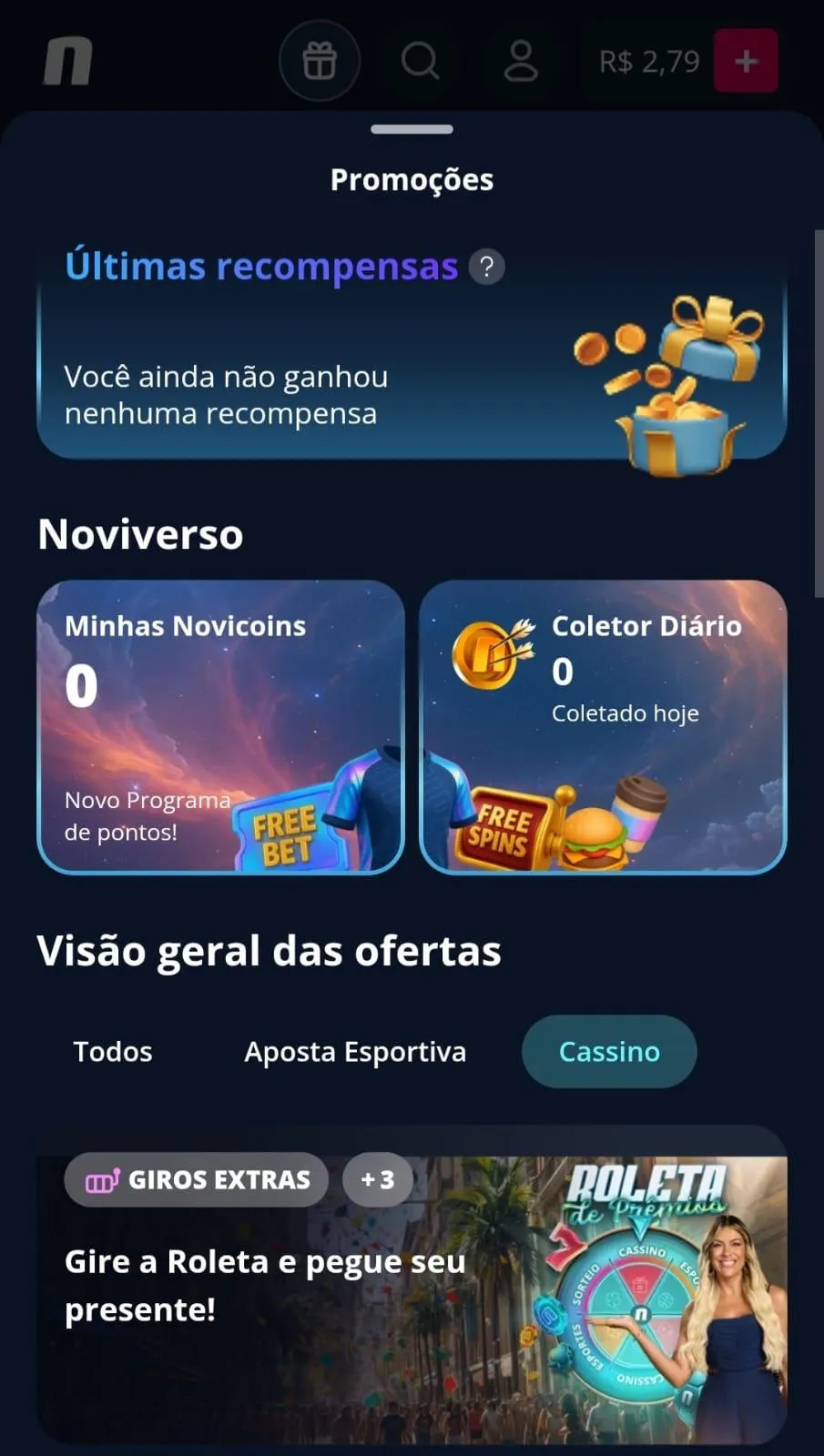 Oferta Noviverso da Novibet com coletor diário de moedas do programa de fidelidade.