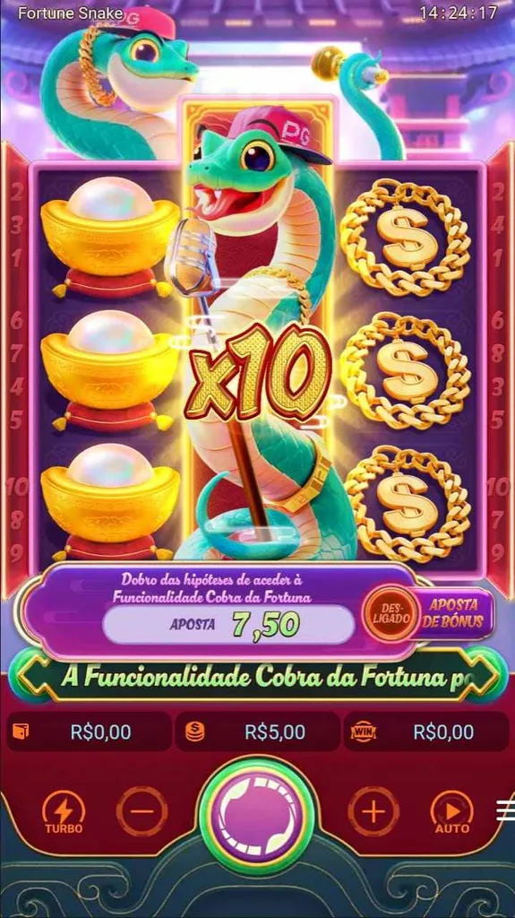 Slot Fortune Snake mostrando o wild em expansão com multiplicador de 10x e o recurso aposta bônus desligado