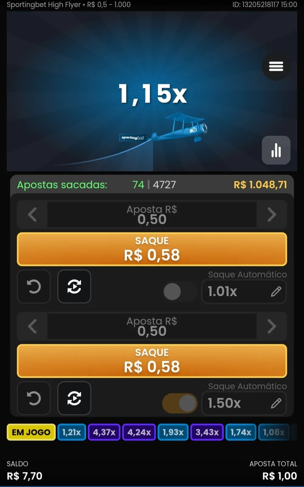 Jogo High Flyer exclusivo Sportingbet com avião voando e multiplicador em 1.15x na tela.