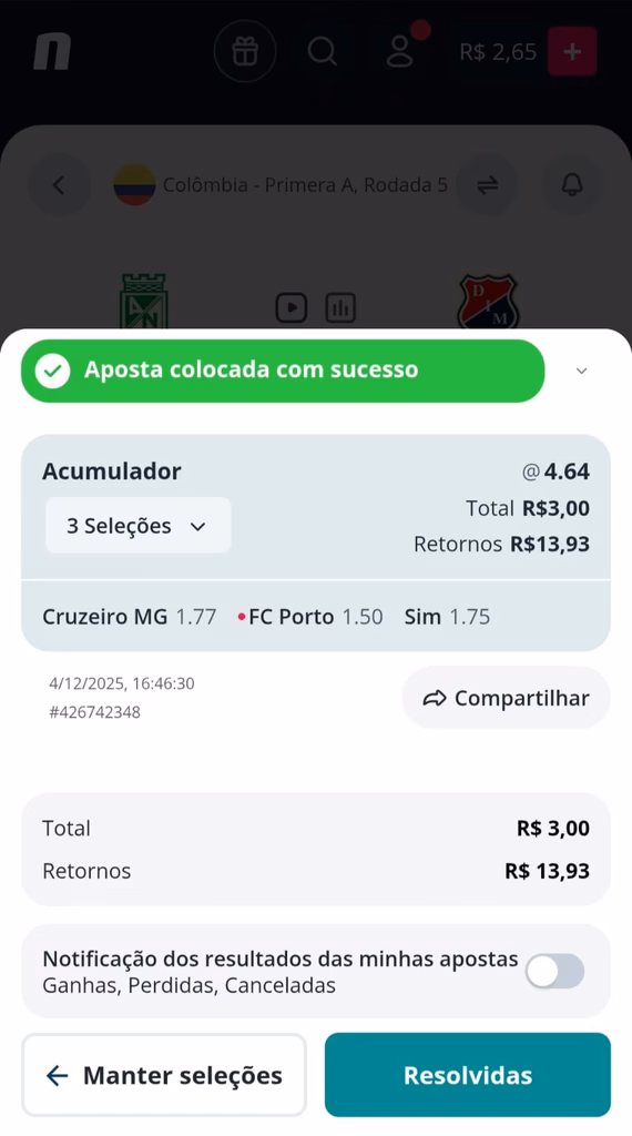 Aposta múltipla na Novibet com cupom de 3 seleções, odds totais de 4.64 e retorno potencial de R$ 13,93 em aposta de R$ 3.