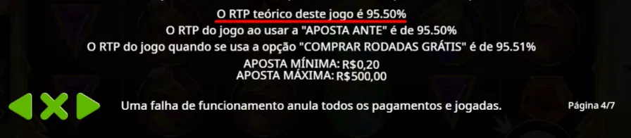 Informações de RTP e de aposta mínima e máxima em um jogo de cassino
