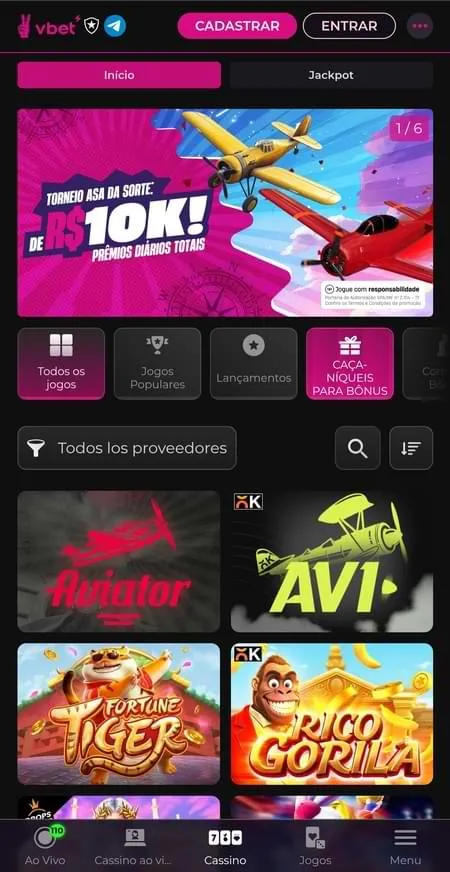 App cassino Vbet com destaque para jogos Aviato, Avi, Fortune Tiger e Rico Gorila.