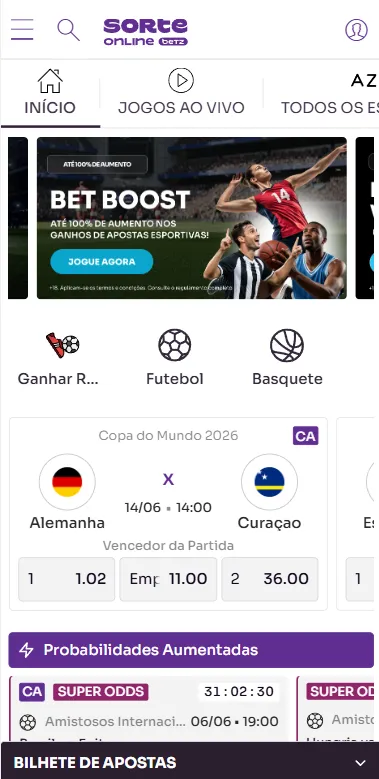 Seção de esportes na Sorte Online com jogos para apostar e banner de bet boost