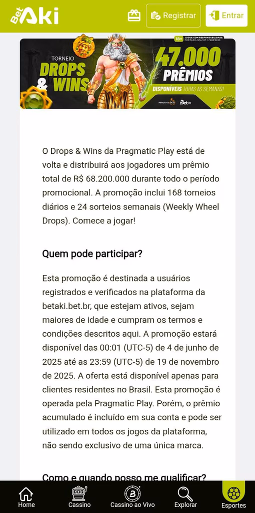 Página dos Drops & Wins da Betaki