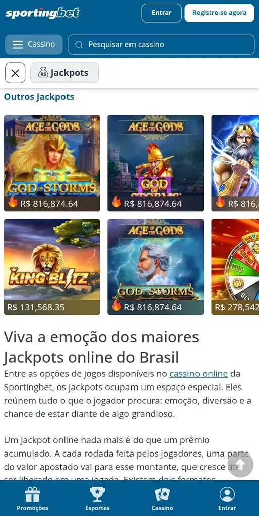 Grade com 4 jackpots da Playtech no cassino da Sportingbet mais texto explicativo sobre como funcionam os jackpots online

