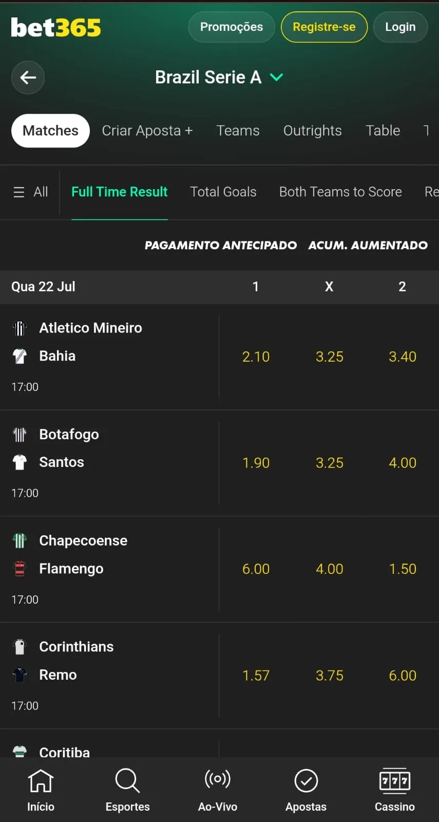 Apostas no Brasileirão na Bet365 com mercados para partidas como Atlético-MG x Bahia e Chapecoense x Flamengo