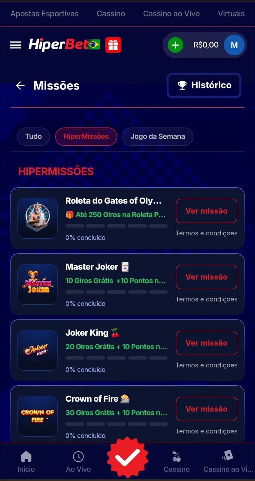 Promoção de missões da HiperBet com recompensas exclusivas para usuários