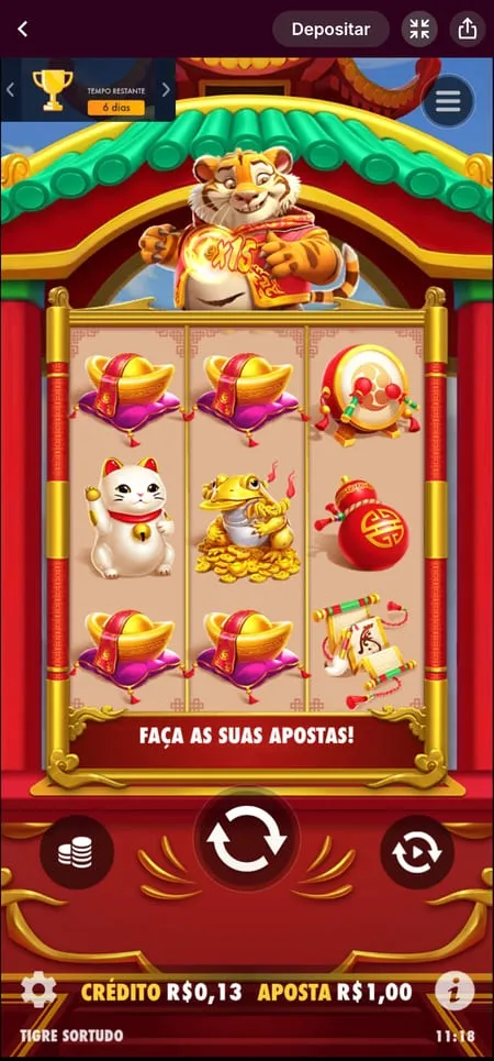 Jogo Tigre Sortudo com diferentes símbolos na grade 3x3 e o tigre exibindo um multiplicador de 15x