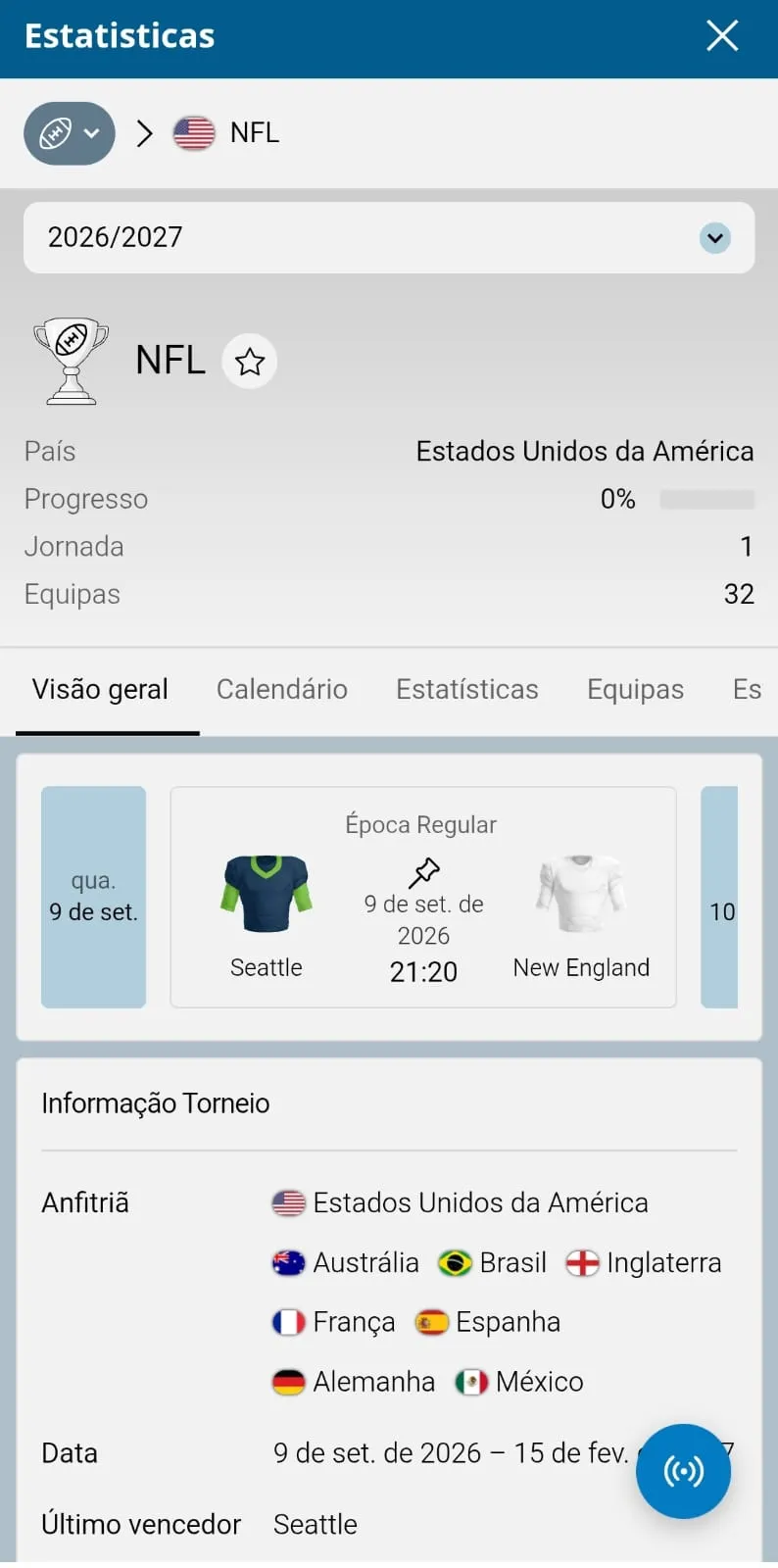 Paínel de estatísticas para a NFL no site da Sportingbet