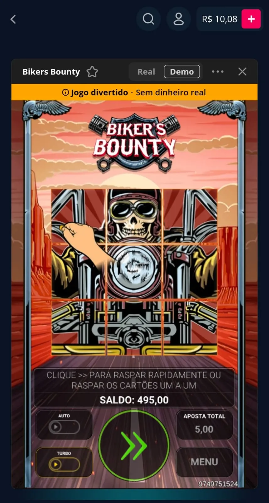 Jogo de Raspadinah Bike Bounty na Novibet.