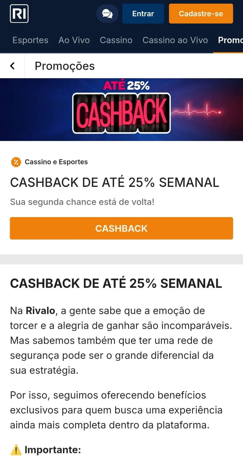 Oferta de até 25% cashback na Rivalo para esportes e jogos de cassino.