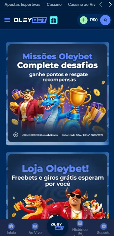 Promoções de cassino da Oleybet com destaque para as missões e loja Oleybet
