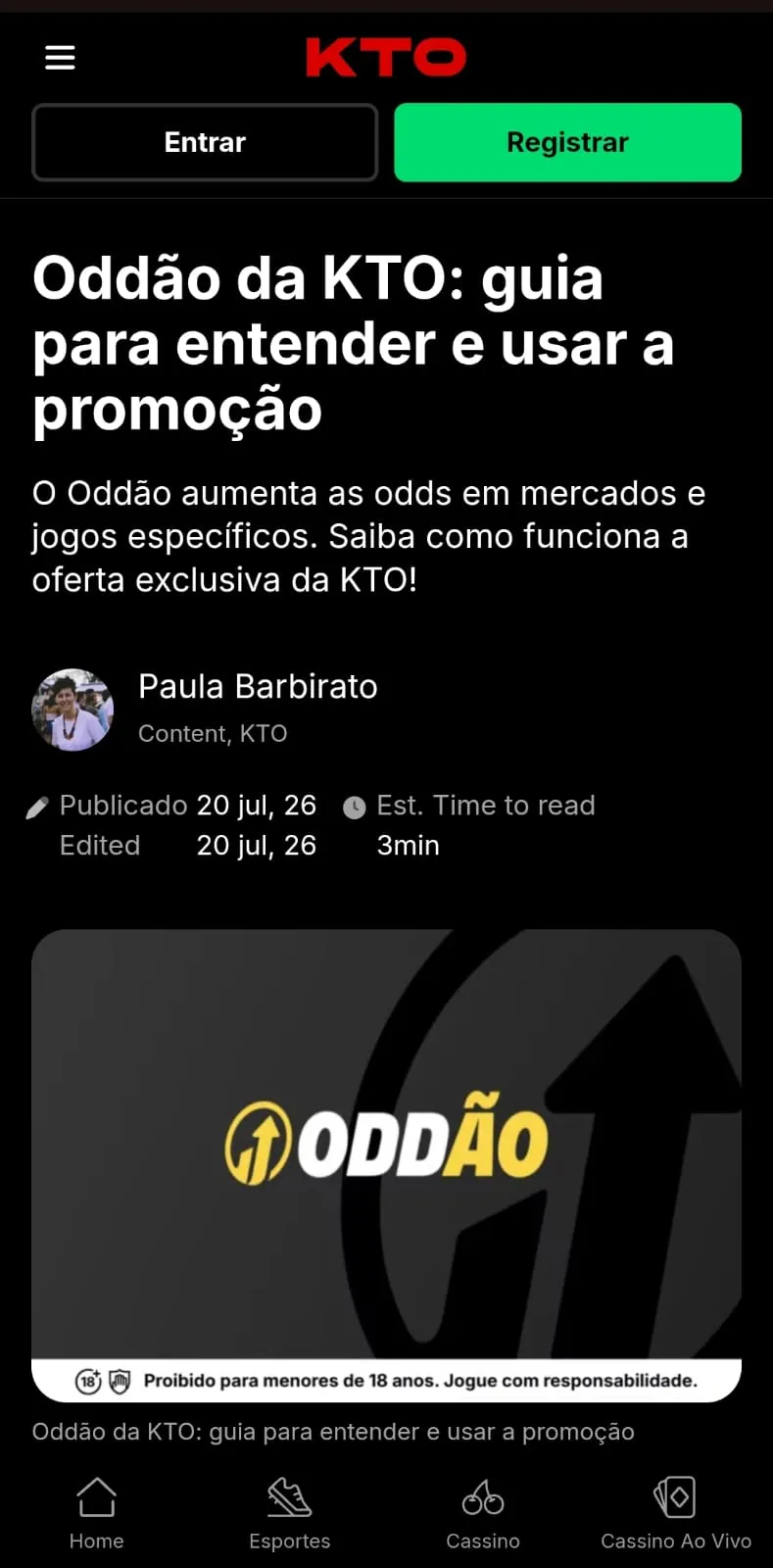 Captura de tela com explicação sobre a oferta do Oddão da KTO
Data: 03/08/2026