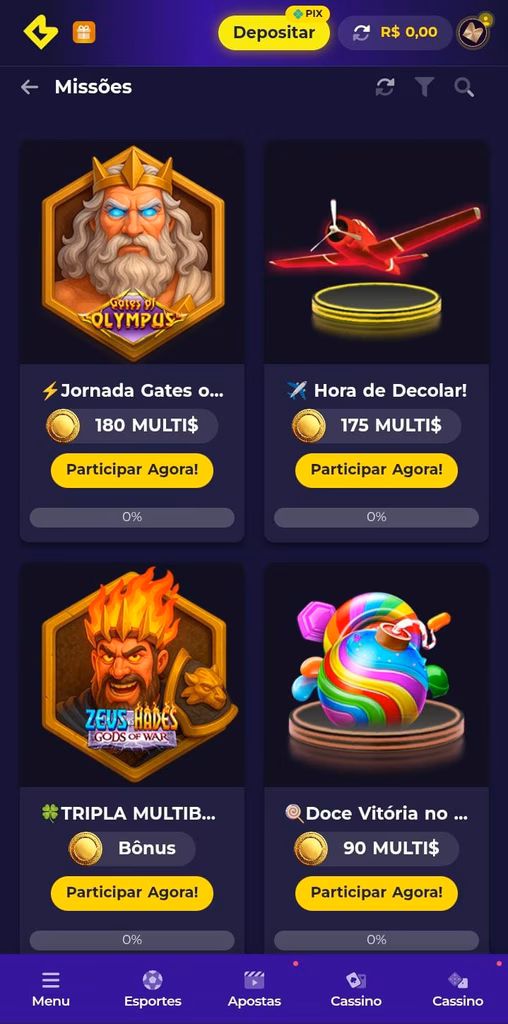 Ícones de 4 missões da Multibet para jogos como Gates of Olympus e Aviator, com botão de Participar Agora para