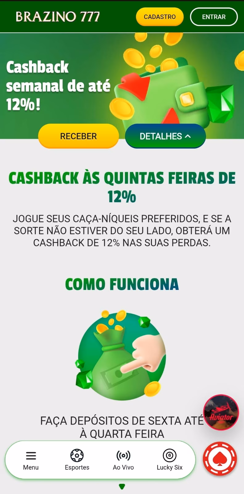 oferta de cashback semanal até 12% na Brazino777, com diferentes níveis de reembolso para as suas perdas nos slots.
Data: 01/07/2026