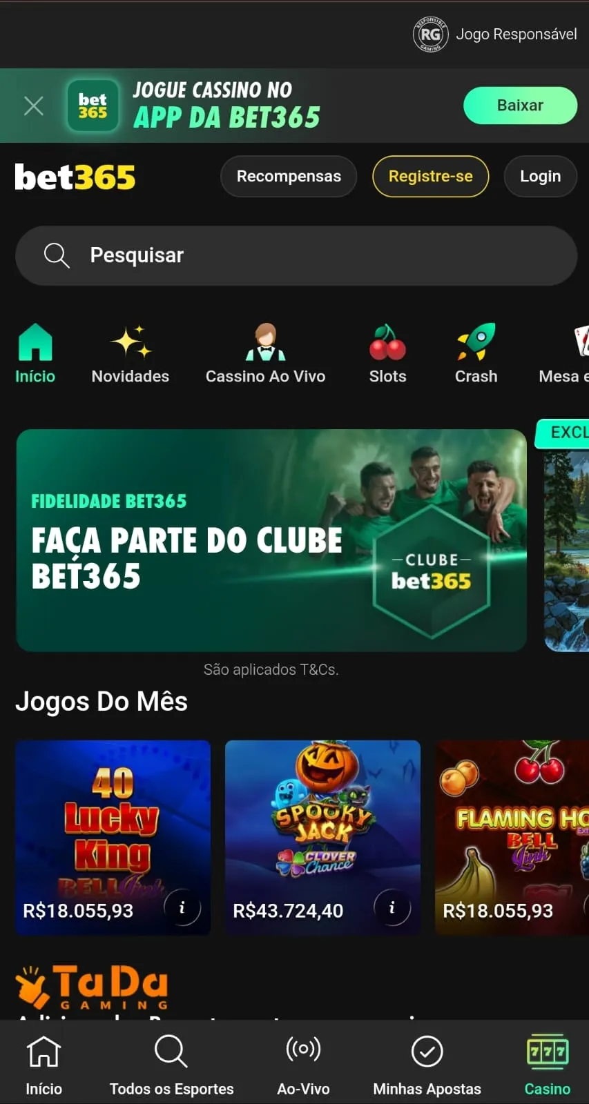 Banner do app da bet365 com atalho para a Play Store exibido diretamente na versão mobile do site.