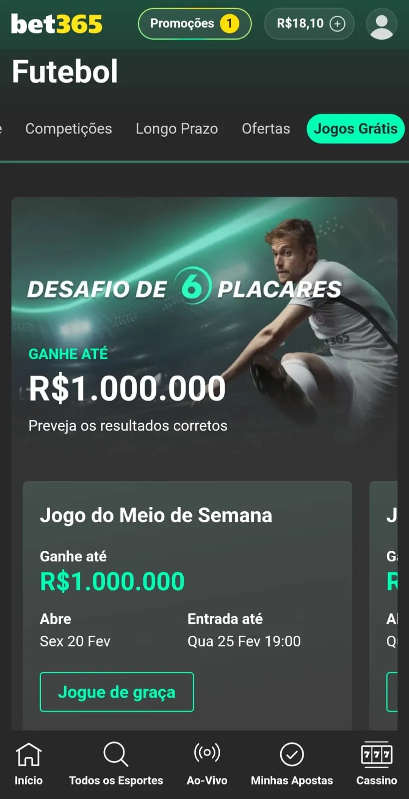 Desafio 6 Placares da Bet365 com prêmio de até R$1 milhão com 6 placares corretos.