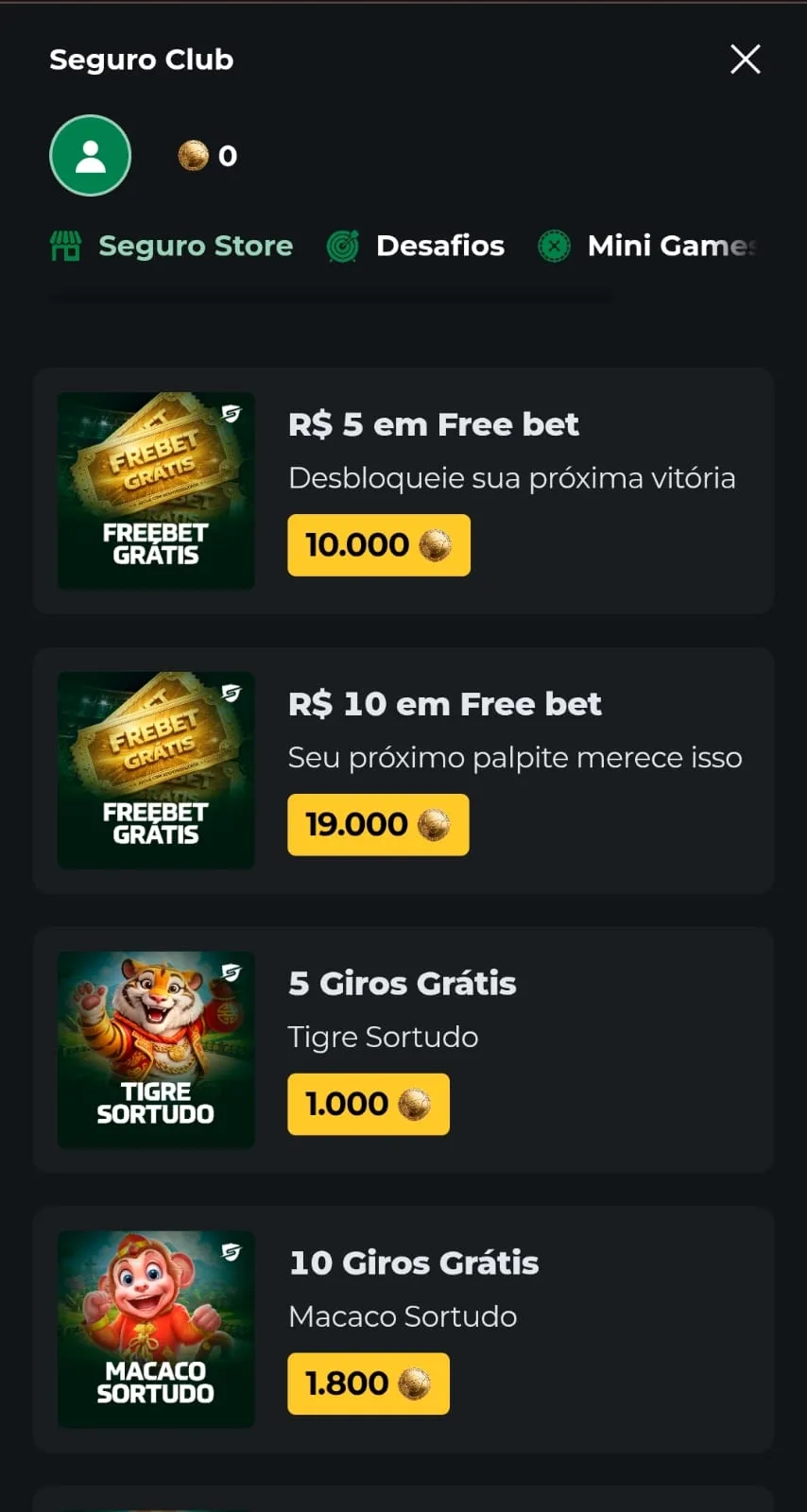 Loja de prêmios da Segurobet, com diferentes ofertas para esportes e cassino, com destaque para o valor do bônus.