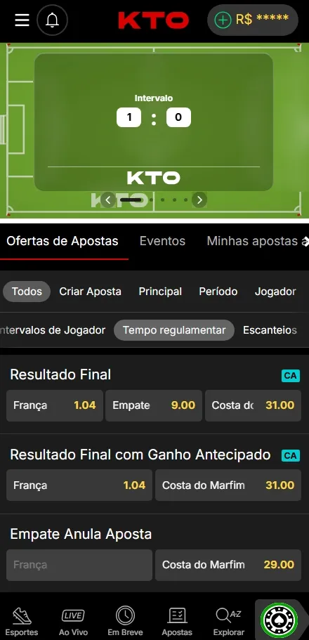 Mercado Empate Anula Aposta na KTO para França x Costa do Marfim ao vivo
