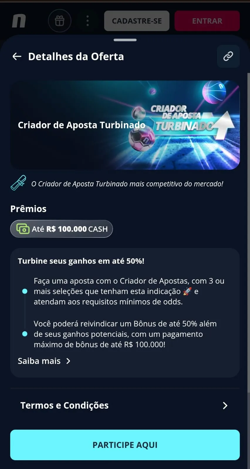 Print da página promocional do Criador de Aposta Turbinado na Novibet
Data: 03/08/2026