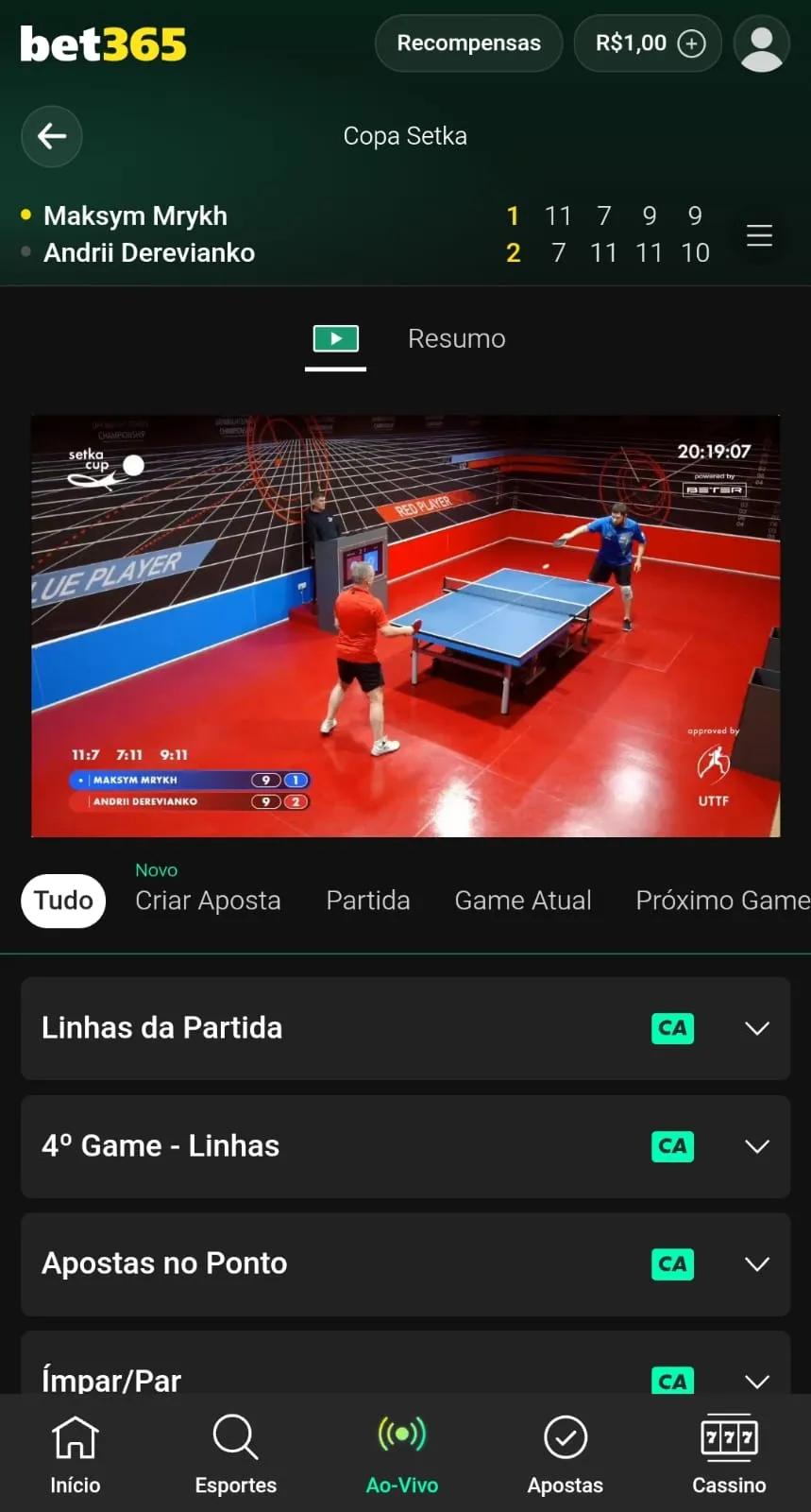 Partida de tênis de mesa na bet365 com transmissão ao vivo.