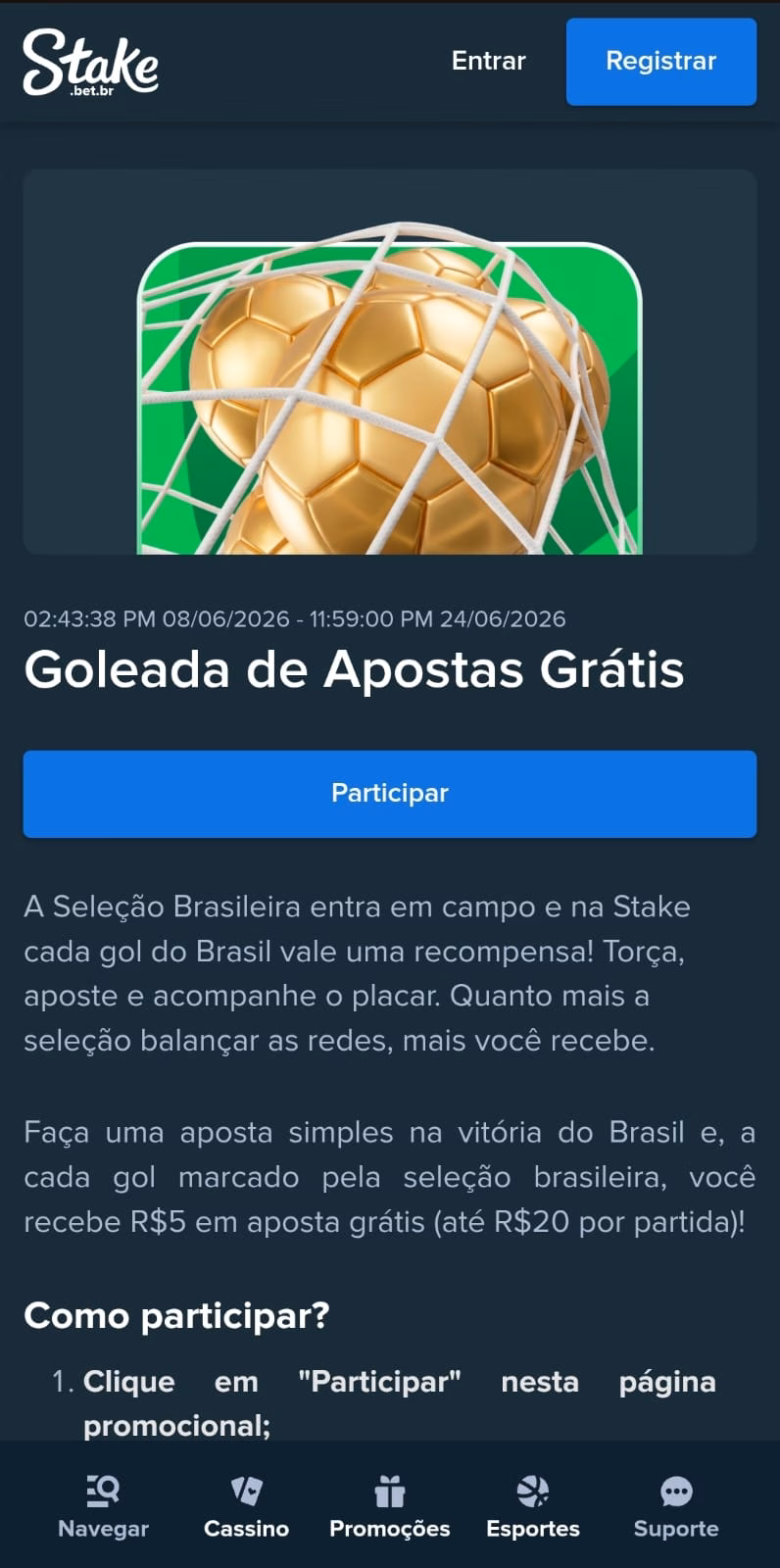 Oferta de Goleada de Apostas Grátis, com prêmios de R$ 5 em aposta grátis para cada gol do Brasil na fase de grupos