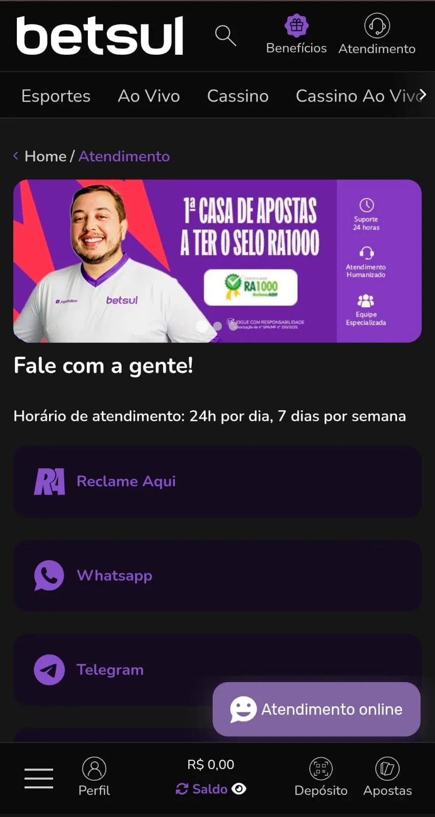 Print da seção de métodos de pagamento da Betsul com banner apresentando o selo RA1000 da operadora.