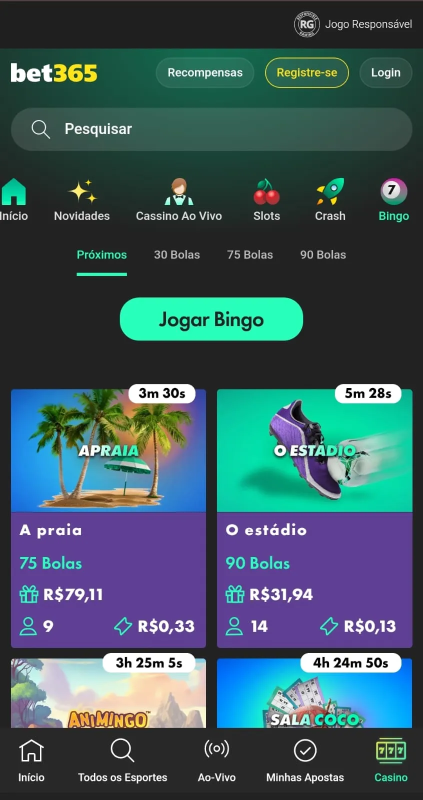 Jogos de bingo na bet365 com opção para 30 bolas, 75 bolas e 90 bolas