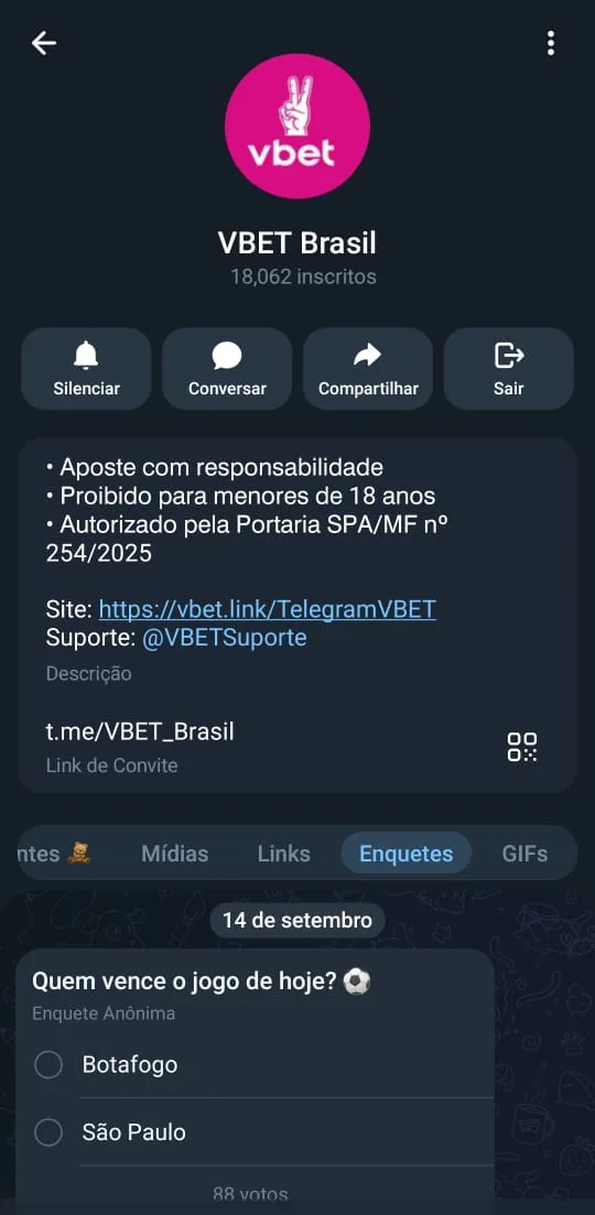 Print do canal da Vbet Brasil no telegram.
