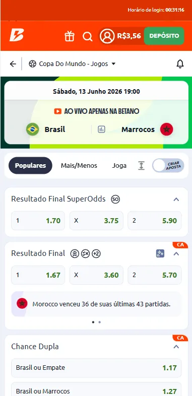 Mercados de aposta resultado final Super Odds e resultado final com odds comuns para o jogo Brasil x Marrocos