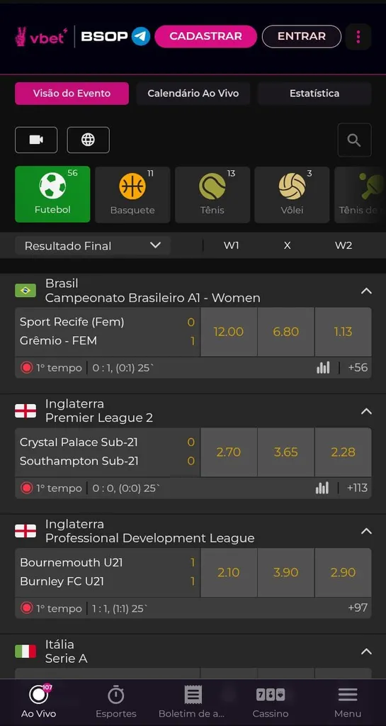Apostas em esportes na Vbet com mercado de resultado final em destaque.