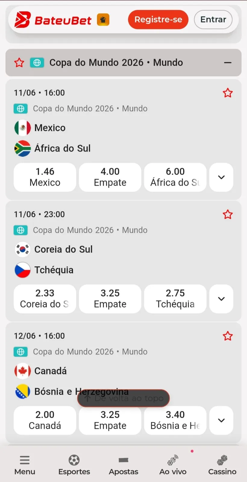 Mercado 1x2 na Bateu Bet com a primeira rodada da Copa do Mundo 2026.